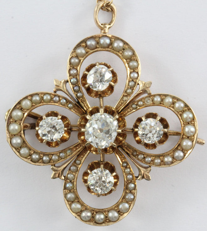 Antique 14K Gold Victorian Gothic Revival Old Mine Diamond & Seed Pearl Pendant - Queen May