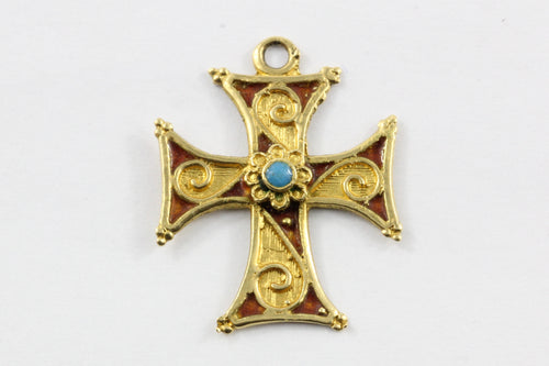 Vintage 18K Gold Maltese Enamel & Turquoise Cross Pendant - Queen May