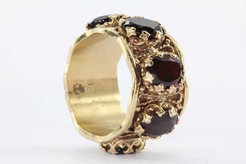 Gothic Revival Chunky 14K Gold Garnet Eternity Band Ring - Queen May