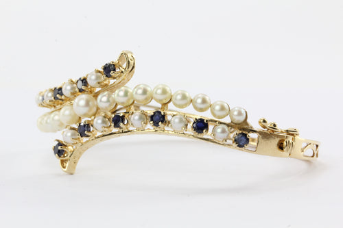 Victorian Revival Style 1950's 14K Gold Pearl Sapphire Bangle Bracelet - Queen May