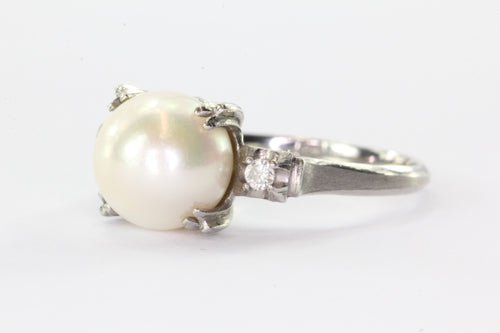 Antique Art Deco Platinum 8.8mm Pearl & Diamond Engagement Ring Circa 1940's - Queen May