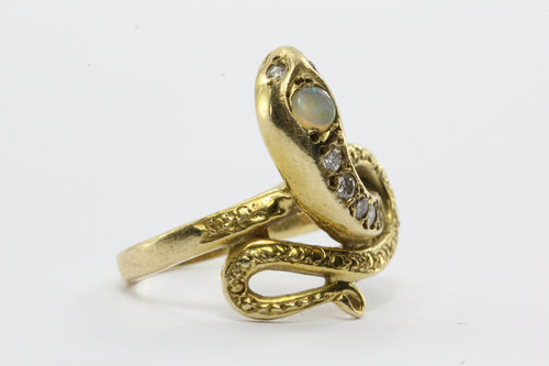 Victorian Style 14K Gold Diamond & Opal Snake Estate Ring - Queen May