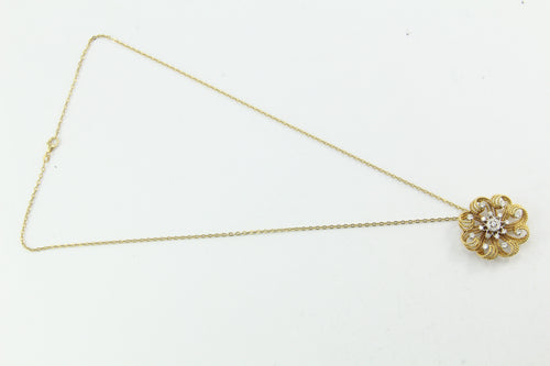 Retro 18K Gold Diamond Flower Swirl Pendant Necklace - Queen May