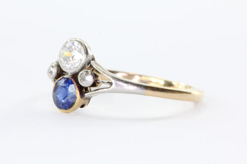 Antique Edwardian 14K Gold & Platinum Top Diamond Sapphire Ring - Queen May