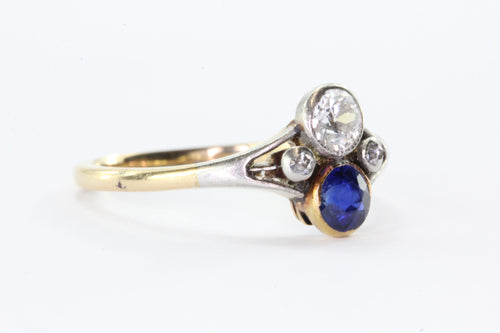 Antique Edwardian 14K Gold & Platinum Top Diamond Sapphire Ring - Queen May