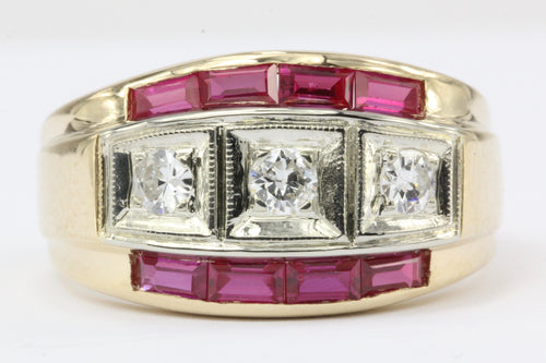 Retro 14K Gold Diamond & Ruby Mens Ring c.1950's - Queen May