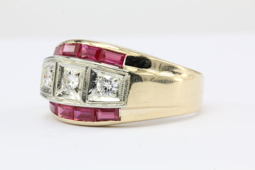 Retro 14K Gold Diamond & Ruby Mens Ring c.1950's - Queen May
