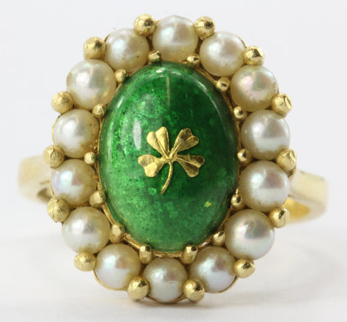 Vintage Italy 18K Yellow Gold Green Enamel Gold Foil Shamrock & Pearl Halo Ring - Queen May