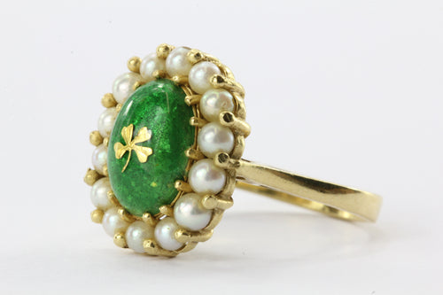 Vintage Italy 18K Yellow Gold Green Enamel Gold Foil Shamrock & Pearl Halo Ring - Queen May