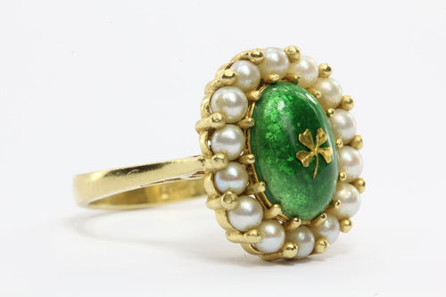 Vintage Italy 18K Yellow Gold Green Enamel Gold Foil Shamrock & Pearl Halo Ring - Queen May