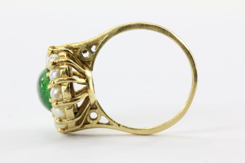 Vintage Italy 18K Yellow Gold Green Enamel Gold Foil Shamrock & Pearl Halo Ring - Queen May