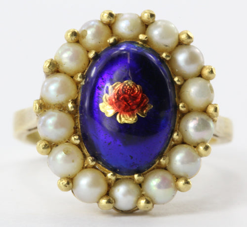 Vintage Italy 18K Yellow Gold Blue Enamel Gold Foil Rose & Pearl Halo Ring - Queen May