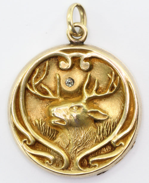 Antique Art Nouveau 10k Gold Repousse Diamond Stag Buck Locket Pendant - Queen May