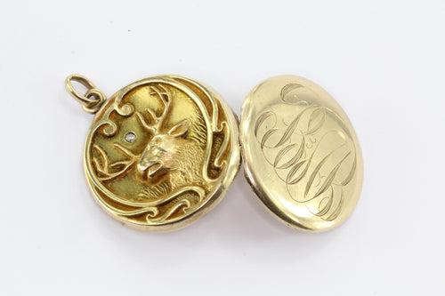 Antique Art Nouveau 10k Gold Repousse Diamond Stag Buck Locket Pendant - Queen May