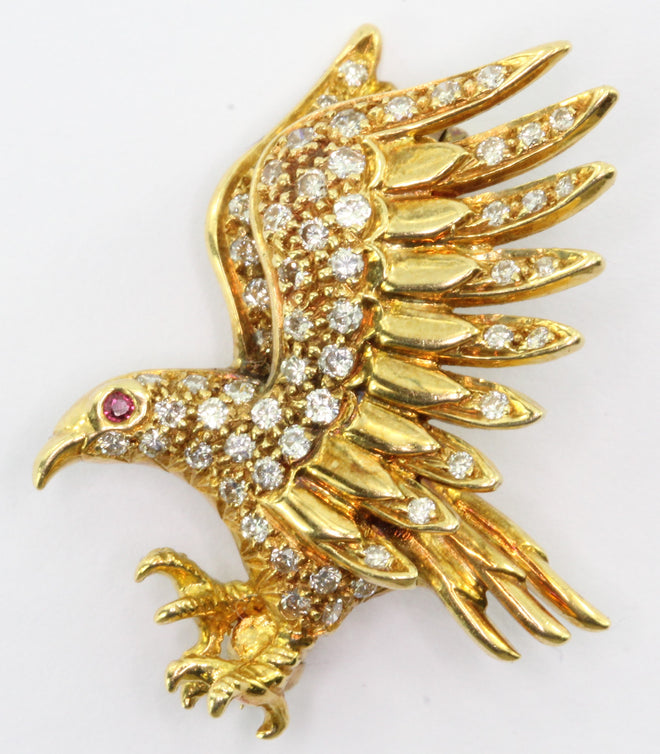 18K Yellow Gold Diamond & Ruby Flying Eagle Brooch Pin - Queen May