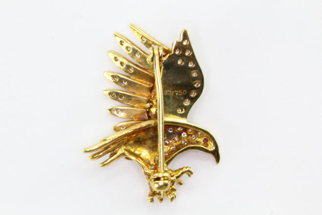 18K Yellow Gold Diamond & Ruby Flying Eagle Brooch Pin - Queen May