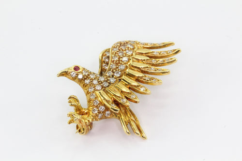 18K Yellow Gold Diamond & Ruby Flying Eagle Brooch Pin - Queen May