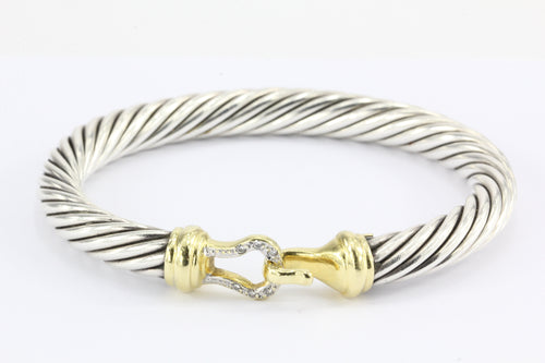 David Yurman Sterling Silver 18k Gold Diamond Buckle Cable Bangle Bracelet - Queen May