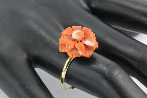 Vintage 18K Gold Red Coral Carved Flower Ring - Queen May