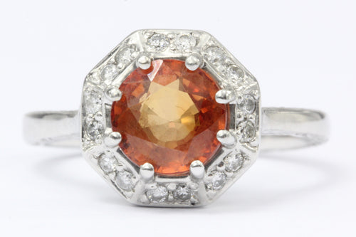 Art Deco Style 18K White Gold Natural Orange Sapphire & Diamond Ring - Queen May