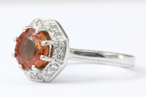 Art Deco Style 18K White Gold Natural Orange Sapphire & Diamond Ring - Queen May