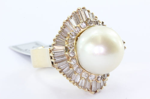 14K Gold Chunky 14mm Round Cream Rose Pearl Diamond Halo Ring - Queen May