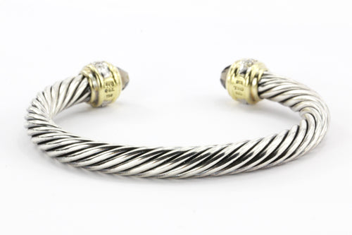 David Yurman 925 & 18K Smoky Quartz & Diamond Cable Cuff Bracelet ...