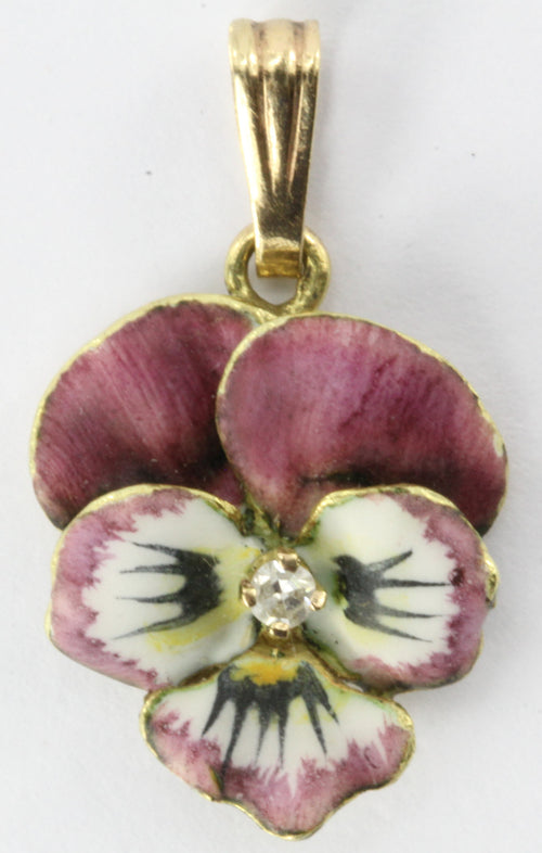Antique Art Nouveau 14K Gold Diamond & Enamel Pansy Flower Pendant - Queen May