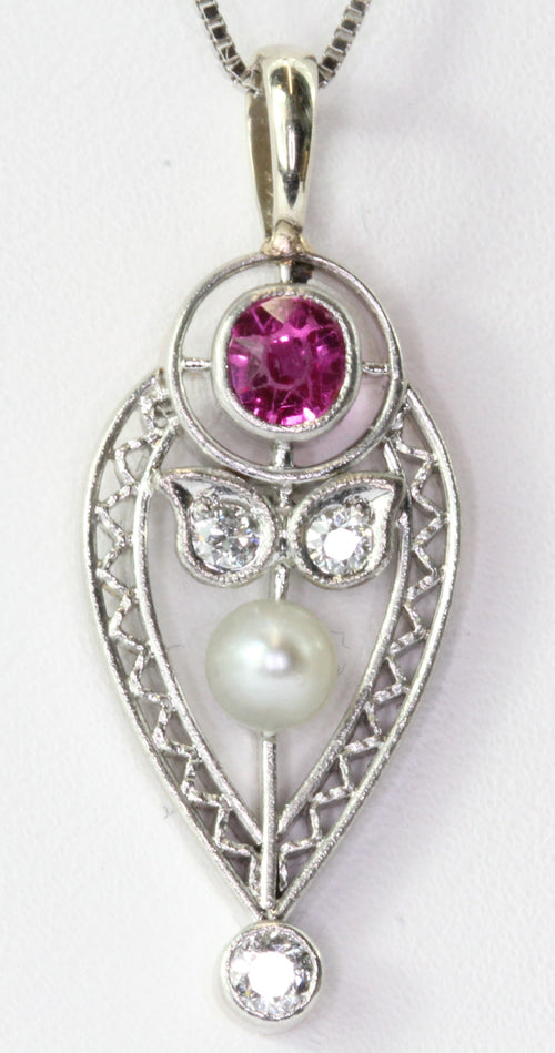 Art Deco 14K White Gold Pearl, Old European Cut Diamond & Ruby Necklace - Queen May