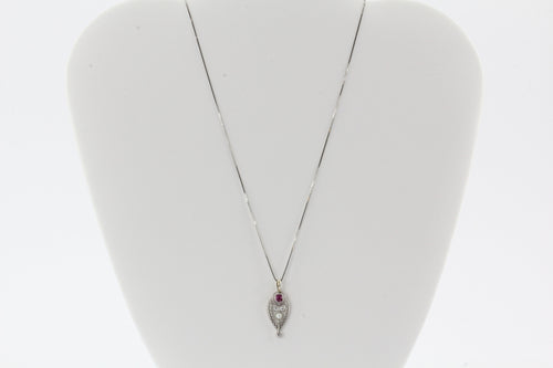 Art Deco 14K White Gold Pearl, Old European Cut Diamond & Ruby Necklace - Queen May