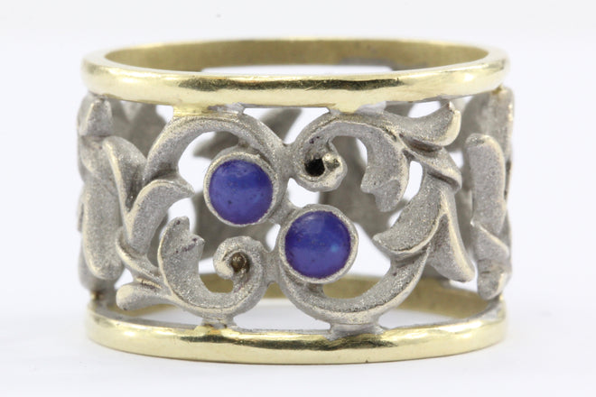 18k White & Yellow Gold Blue Enamel Pierced Scrolling Vine Ring Band - Queen May