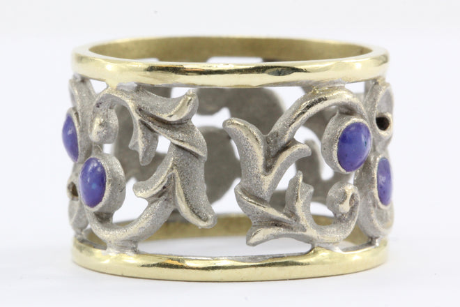 18k White & Yellow Gold Blue Enamel Pierced Scrolling Vine Ring Band - Queen May