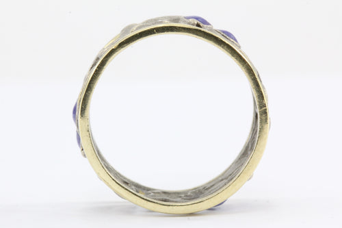 18k White & Yellow Gold Blue Enamel Pierced Scrolling Vine Ring Band - Queen May