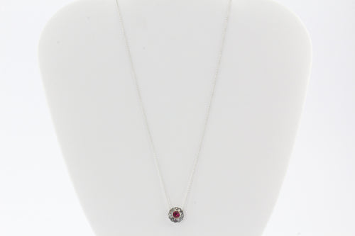 Victorian 14K Gold Ruby w/ Sterling Silver Set Rose Cut Diamond Pendant Necklace - Queen May