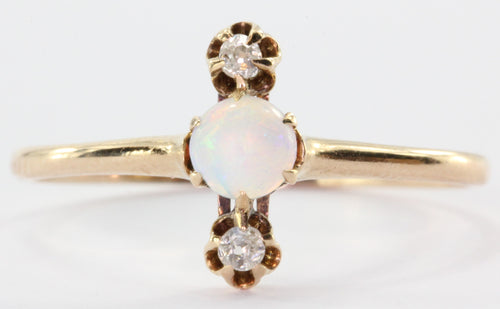 Victorian 14K Rose Gold Opal & Old Mine Cut Diamond Ring - Queen May