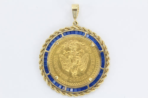 Large 1923 Gold Angel Coin Pendant set in 14K Gold & Sapphire Bezel - Queen May