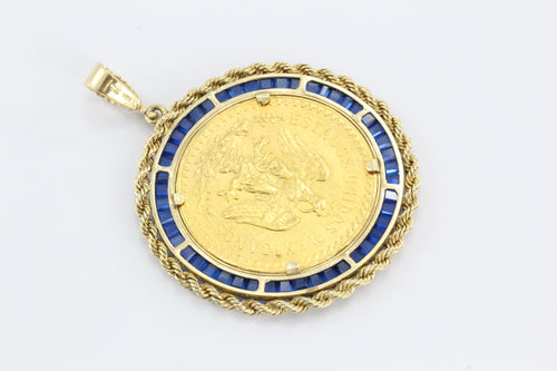 Large 1923 Gold Angel Coin Pendant set in 14K Gold & Sapphire Bezel - Queen May