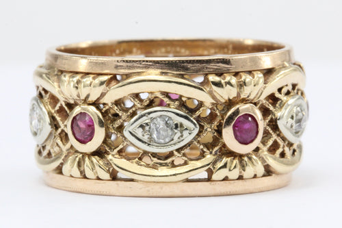Retro 14K Rose Gold Diamond Ruby Pierced Cigar Band Ring C.1940's - Queen May