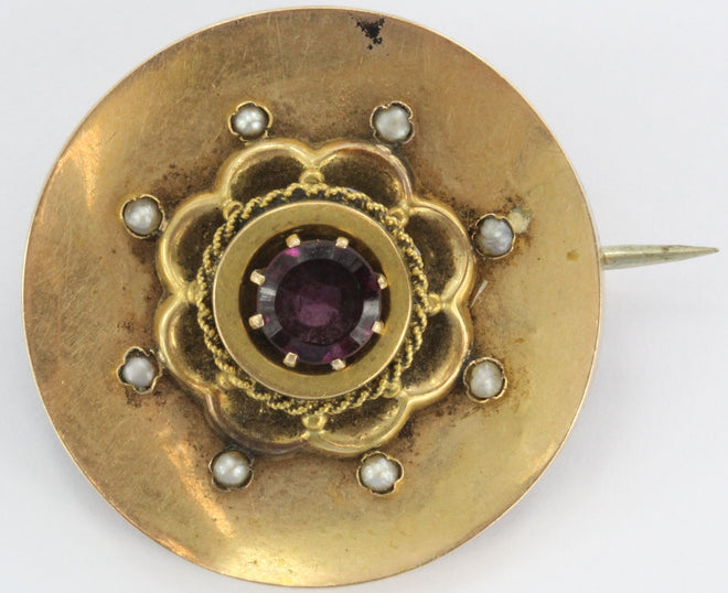 Antique Victorian 14K Gold Purple Garnet & Seed Pearl Brooch - Queen May