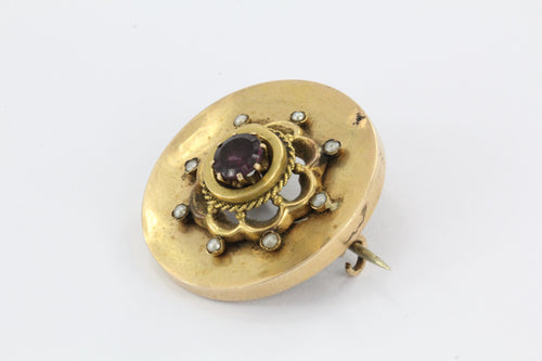 Antique Victorian 14K Gold Purple Garnet & Seed Pearl Brooch - Queen May