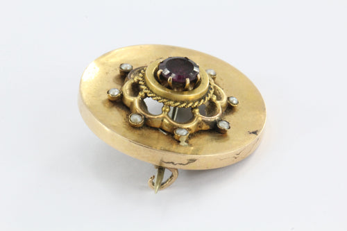 Antique Victorian 14K Gold Purple Garnet & Seed Pearl Brooch - Queen May