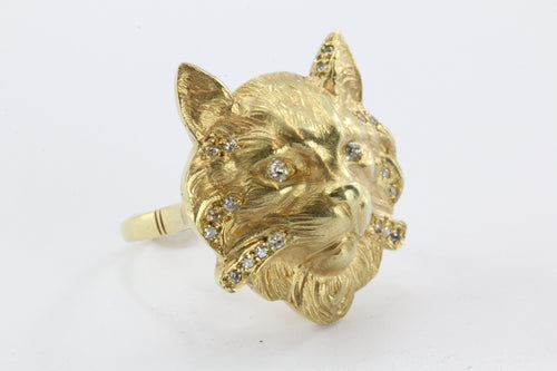 18K Gold & Diamond Large Chunky Cat Face Ring - Queen May