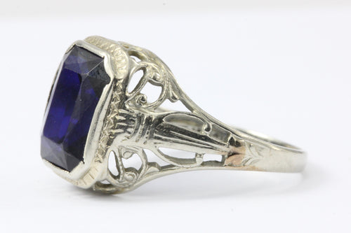 Art Deco 14K White Gold Belais Synthetic Sapphire Ring c.1920's - Queen May