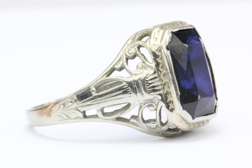 Art Deco 14K White Gold Belais Synthetic Sapphire Ring c.1920's - Queen May