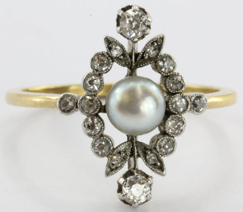 Antique English Edwardian 18K Gold & Platinum Top Diamond & Pearl Ring - Queen May