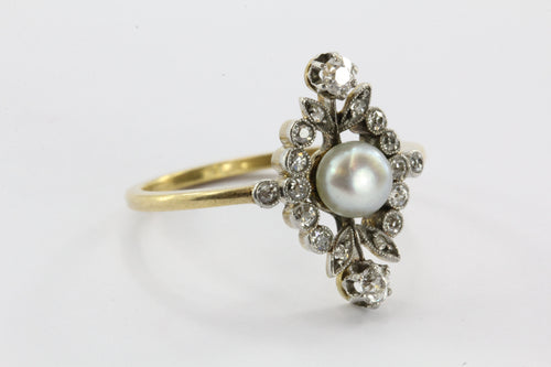 Antique English Edwardian 18K Gold & Platinum Top Diamond & Pearl Ring - Queen May