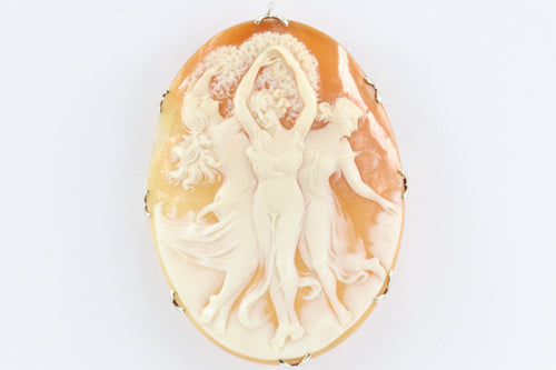 Victorian 14K White Gold Large Three Graces Carved Cameo Pendant/ Brooch c.1890 - Queen May