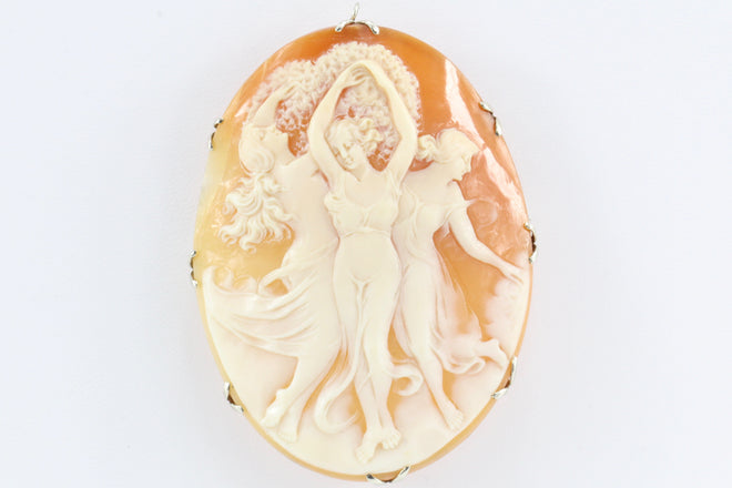 Victorian 14K White Gold Large Three Graces Carved Cameo Pendant/ Brooch c.1890 - Queen May