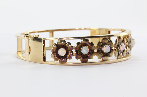 Retro 1960's 14K Yellow Gold Opal Floral Bangle Bracelet - Queen May