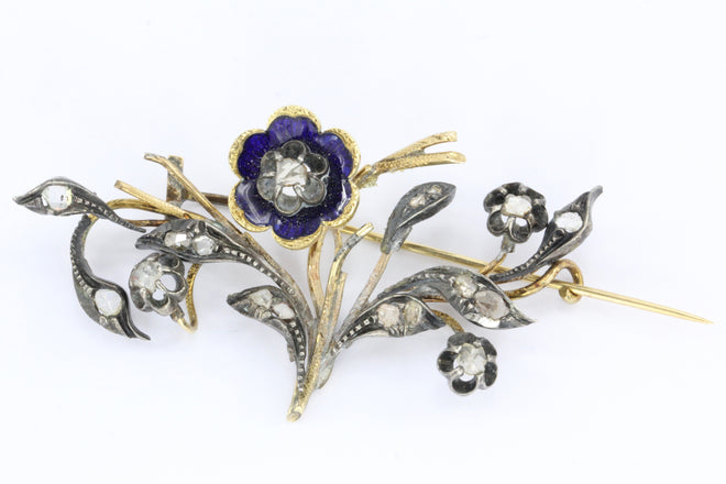 Georgian Diamond Enamel Gold Silver Flower Brooch / Pin c. 1780's - Queen May